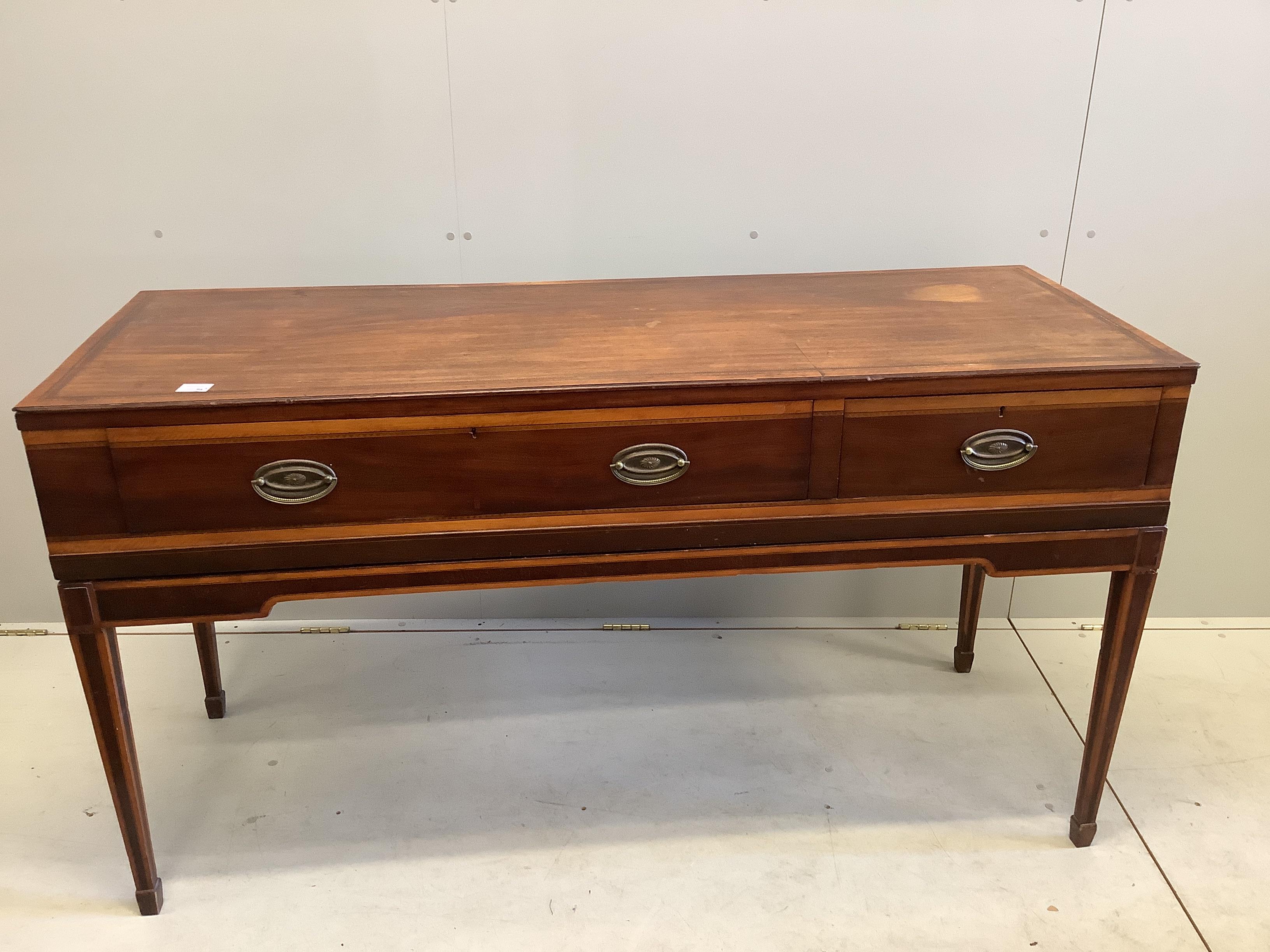 A 19th century satinwood banded mahogany secretaire writing table converted from a square piano, width 160cm, depth 58cm, height 87cm